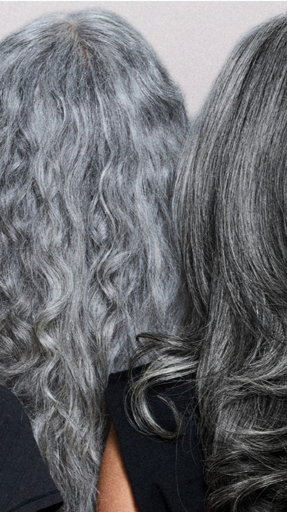 Showing the backs of models's heads who have beautiful natural silver gray hair