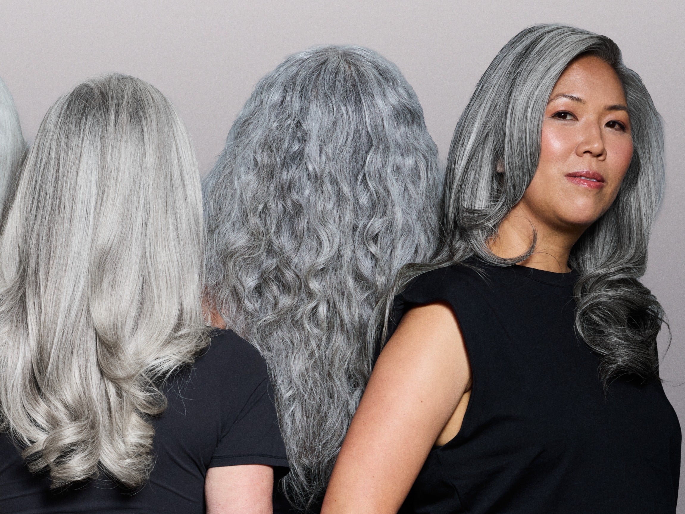 Multiple models with different shades of silver gray hair