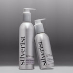 Two silver bottles labeled 'silverist' on a gray background