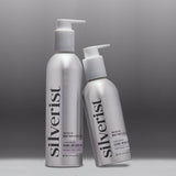 Two silver bottles labeled 'silverist' on a gray background