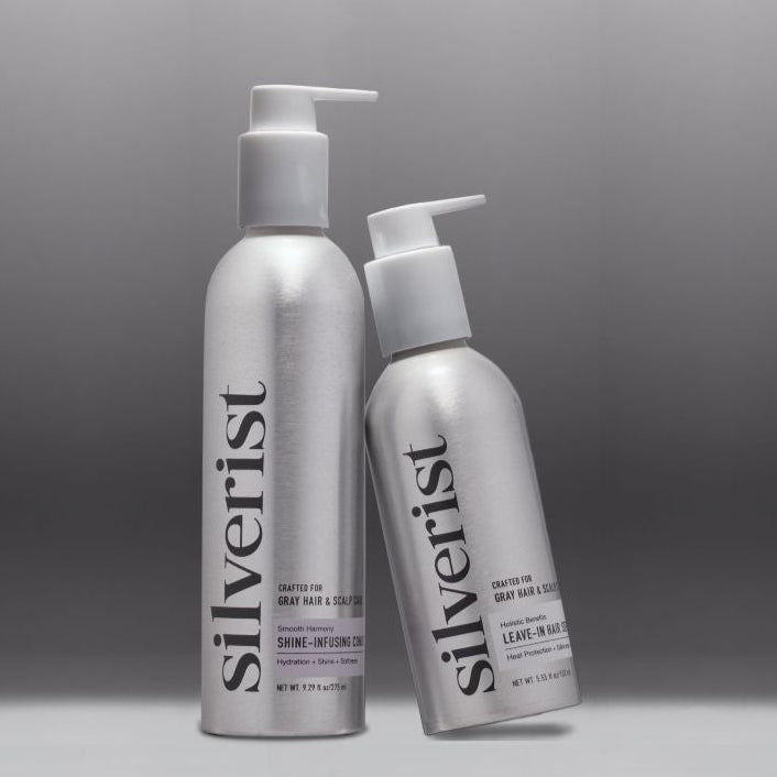 Two silver bottles labeled 'silverist' on a gray background