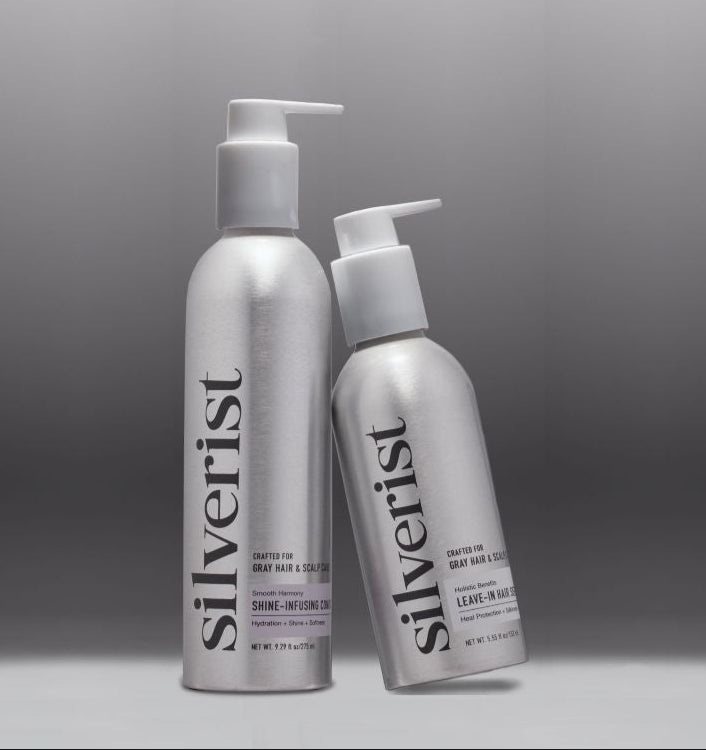 Two silver bottles labeled 'silverist' on a gray background